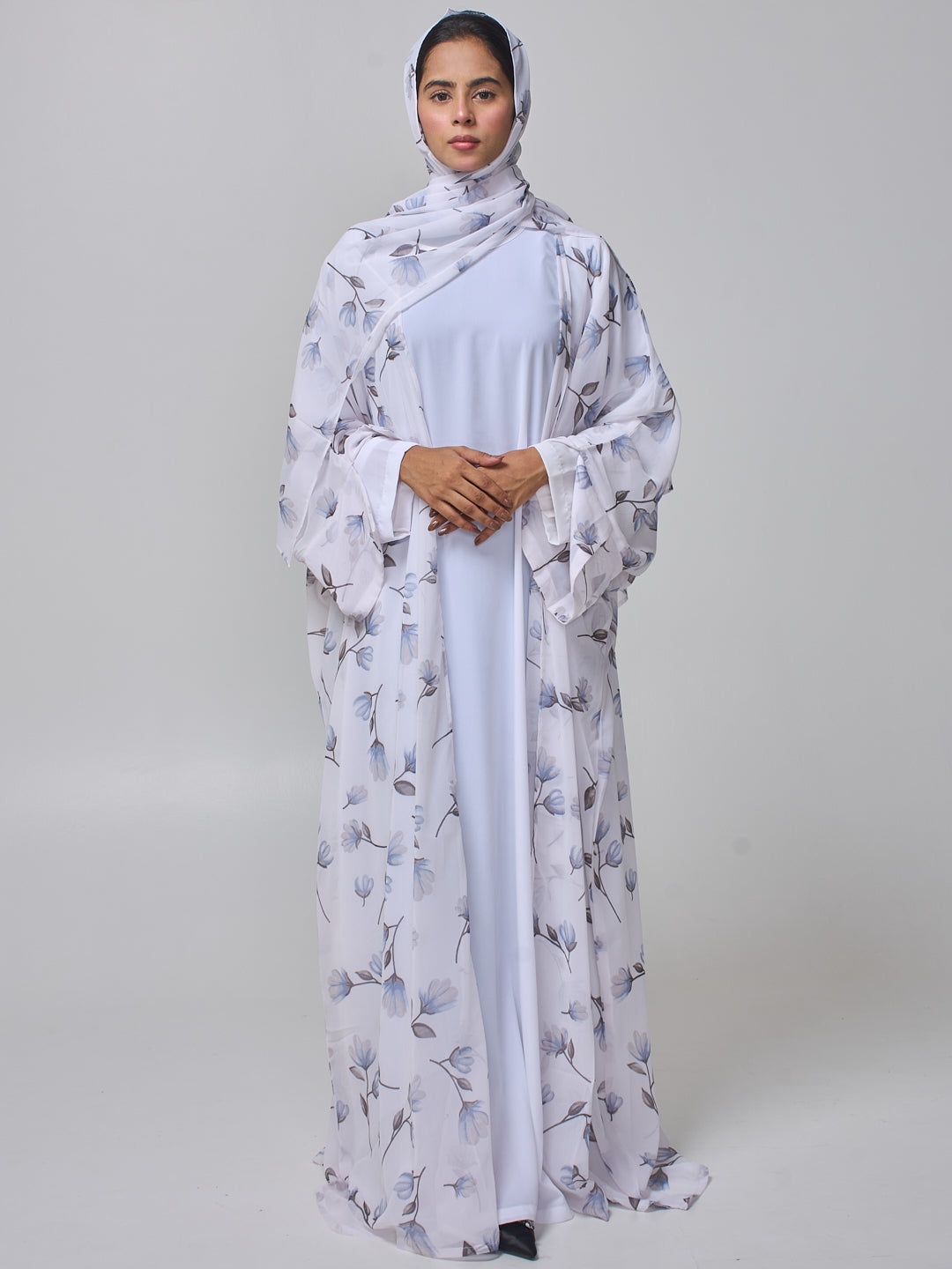 Women's White Printed Modest Shrug Abaya with Matching Inner & Hijab