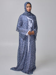 Blue Printed Modest Shrug Abaya with White Inner & Matching Hijab