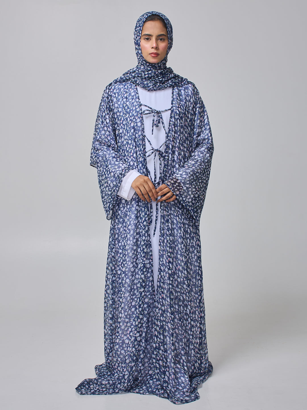 Blue Printed Modest Shrug Abaya with White Inner & Matching Hijab