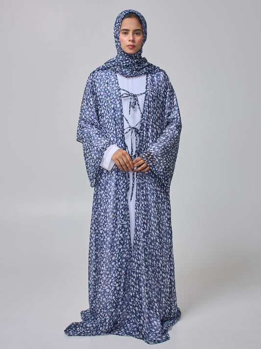 Blue Printed Modest Shrug Abaya with White Inner & Matching Hijab