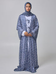 Blue Printed Modest Shrug Abaya with White Inner & Matching Hijab