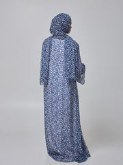 Blue Printed Modest Shrug Abaya with White Inner & Matching Hijab