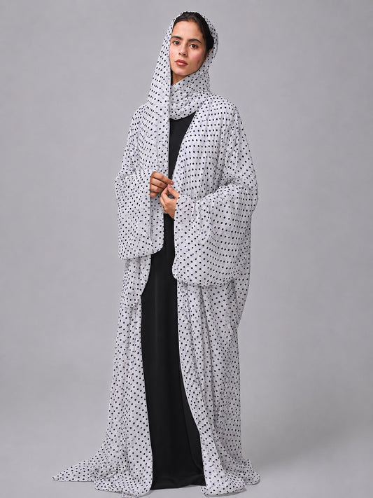 Polka Printed Modest Shrug Abaya with Black Inner & Matching Hijab