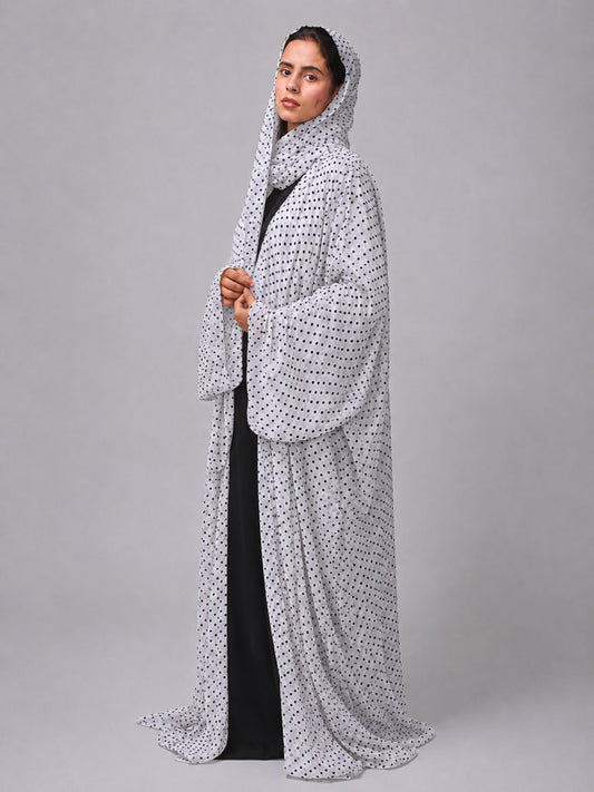 Polka Printed Modest Shrug Abaya with Black Inner & Matching Hijab