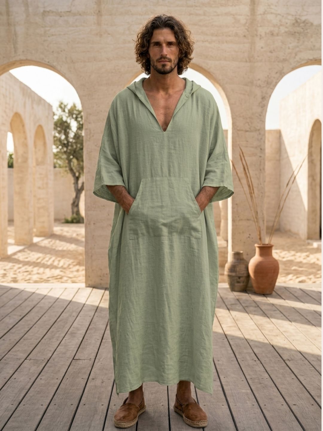 Men’s Sage Green Hooded Linen Kaftan – Oversized Resort Wear Beach Cover-Up