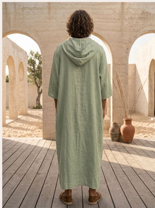 Men’s Sage Green Hooded Linen Kaftan – Oversized Resort Wear Beach Cover-Up