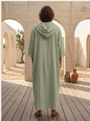 Men’s Sage Green Hooded Linen Kaftan – Oversized Resort Wear Beach Cover-Up