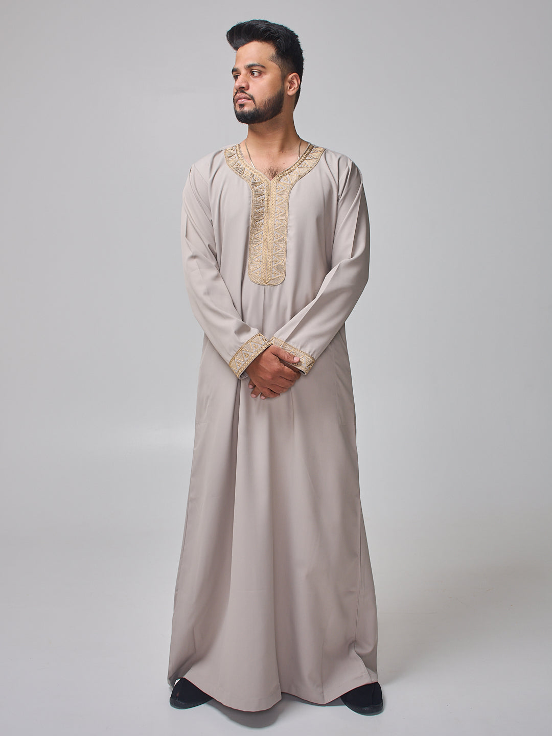 Men's Moroccan Embroidered Light Grey Thobe