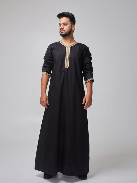 Men's Moroccan Embroidered Black Thobe