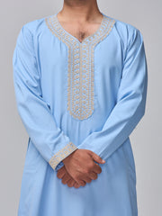 Men's Moroccan Embroidered Sky Blue Thobe