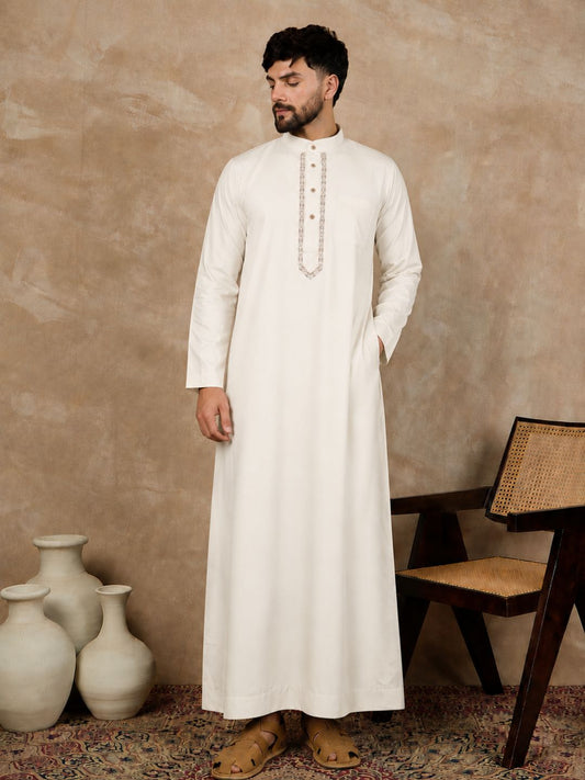 Off White Embroidered Men’s Arabic Thobe /Jubba