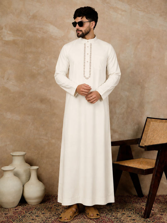 Off White Embroidered Men’s Arabic Thobe /Jubba