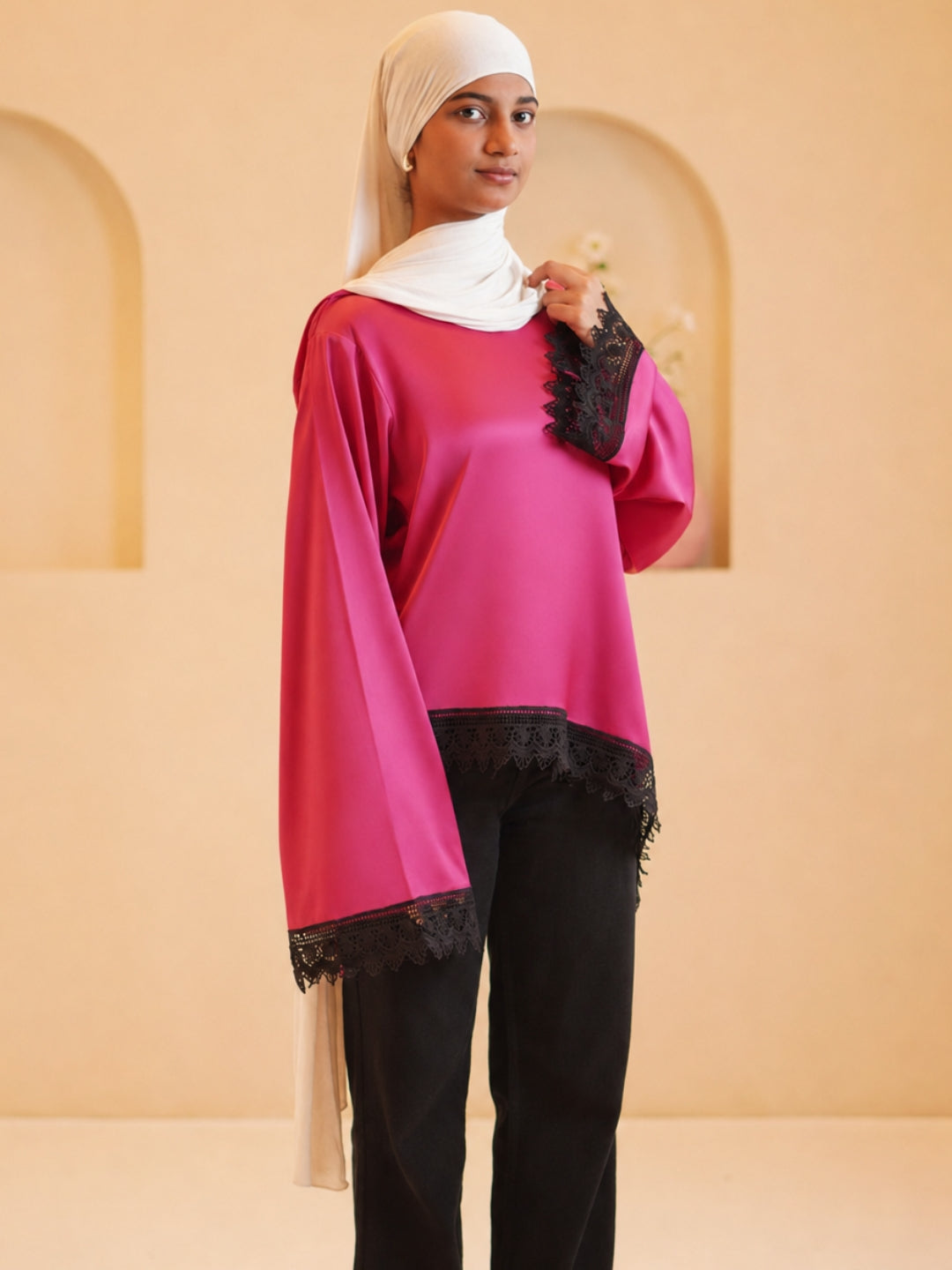 Women’s Pink Modest Asymmetric Lace Tunic Top