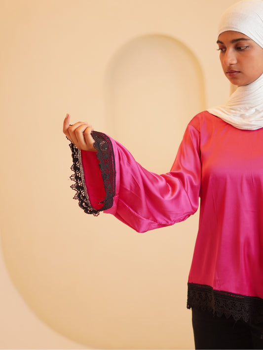 Women’s Pink Modest Asymmetric Lace Tunic Top