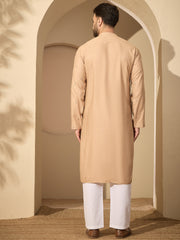 Hand-Embroidered Beige Cotton Linen Kurta Pyjama Set