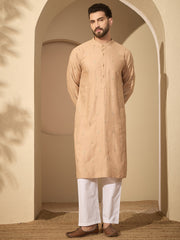 Hand-Embroidered Beige Cotton Linen Kurta Pyjama Set