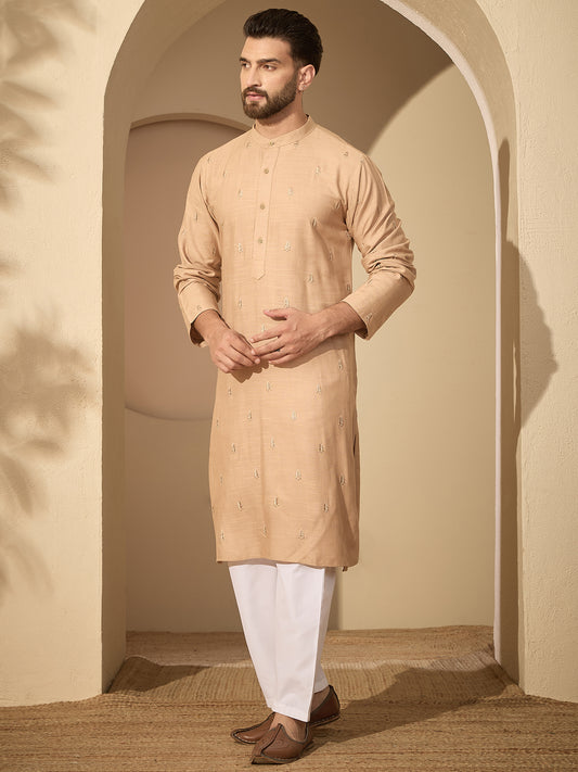 Hand-Embroidered Beige Cotton Linen Kurta Pyjama Set
