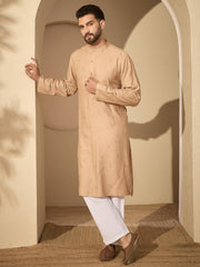 Hand-Embroidered Beige Cotton Linen Kurta Pyjama Set