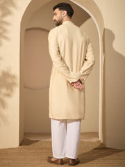 Hand-Embroidered Cotton Linen Cream Kurta with White Pyjama Set