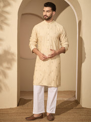 Hand-Embroidered Cotton Linen Cream Kurta with White Pyjama Set