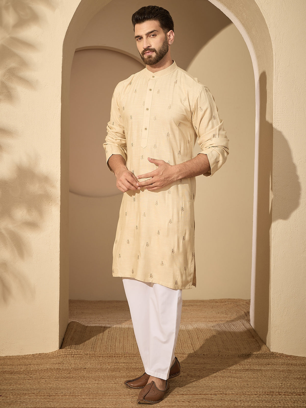 Hand-Embroidered Cotton Linen Cream Kurta with White Pyjama Set