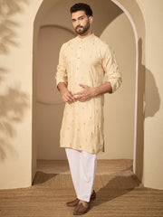 Hand-Embroidered Cotton Linen Cream Kurta with White Pyjama Set