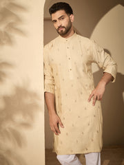 Hand-Embroidered Cotton Linen Cream Kurta with White Pyjama Set