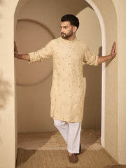 Hand-Embroidered Cotton Linen Cream Kurta with White Pyjama Set