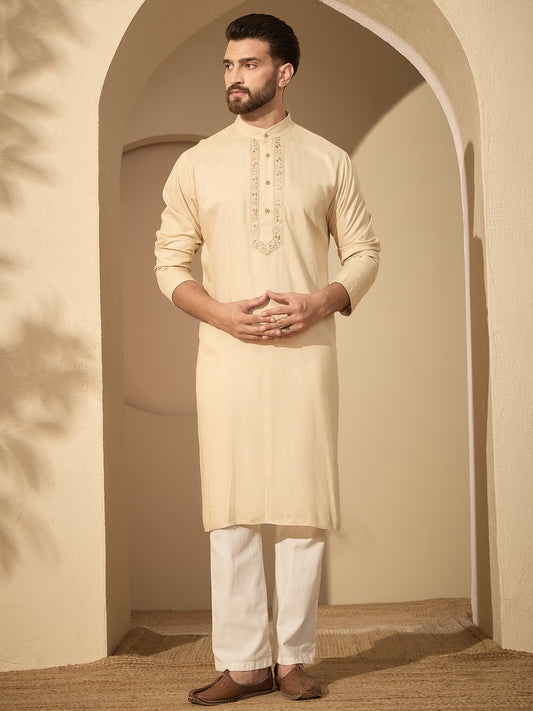 Embroidered Cream Cotton Linen Kurta Pajama Set
