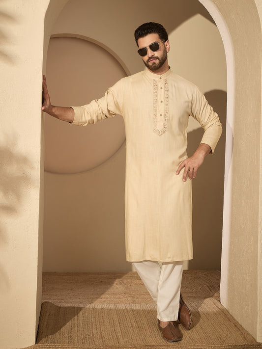 Embroidered Cream Cotton Linen Kurta Pajama Set