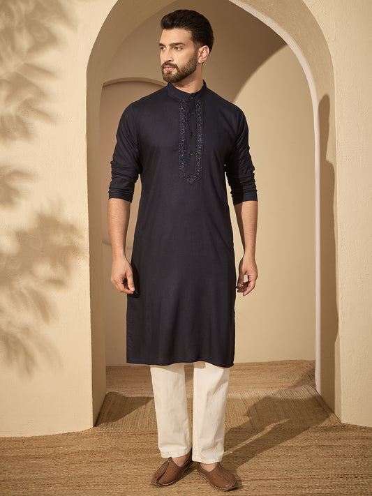 Embroidered Navy Blue Cotton Linen Kurta Pajama Set