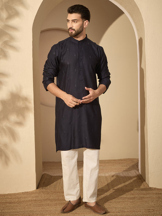 Hand-Embroidered Navy Blue Cotton Linen Kurta with White Pyjama Set