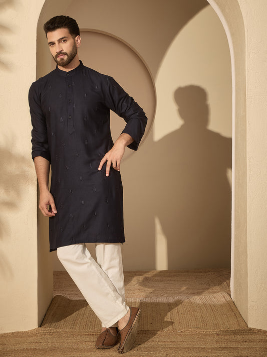 Hand-Embroidered Navy Blue Cotton Linen Kurta with White Pyjama Set