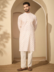 Cotton Printed Kurta with White Pajama Set for Men