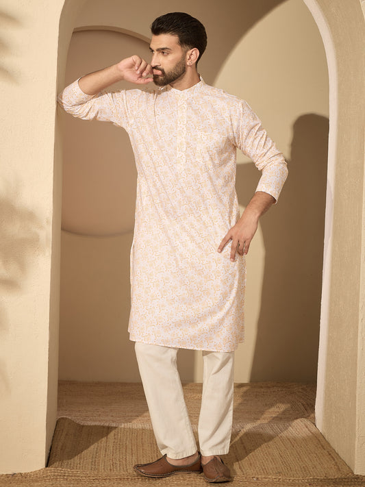Cotton Printed Kurta with White Pajama Set for Men
