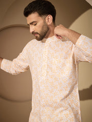 Cotton Printed Kurta with White Pajama Set for Men