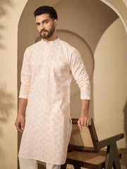 Cotton Printed Kurta with White Pajama Set for Men