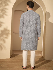 Cotton Printed Kurta with White Pajama for Men– Festive Wear Set