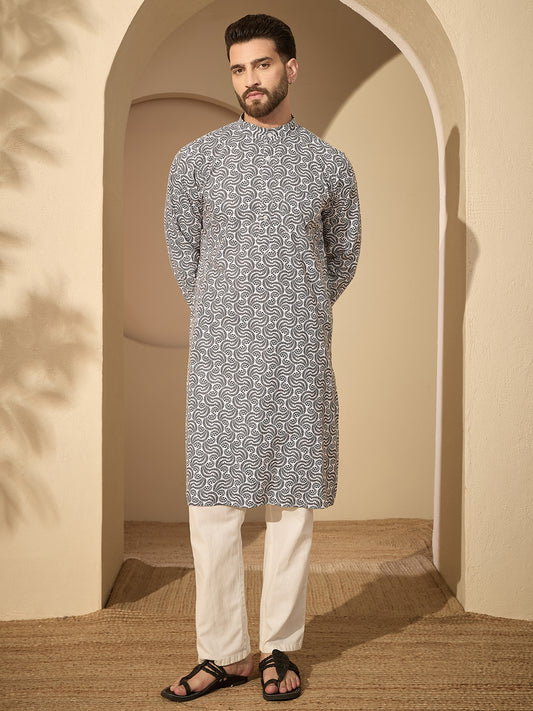 Cotton Printed Kurta with White Pajama for Men– Festive Wear Set