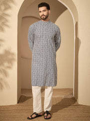 Cotton Printed Kurta with White Pajama for Men– Festive Wear Set