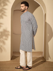 Cotton Printed Kurta with White Pajama for Men– Festive Wear Set