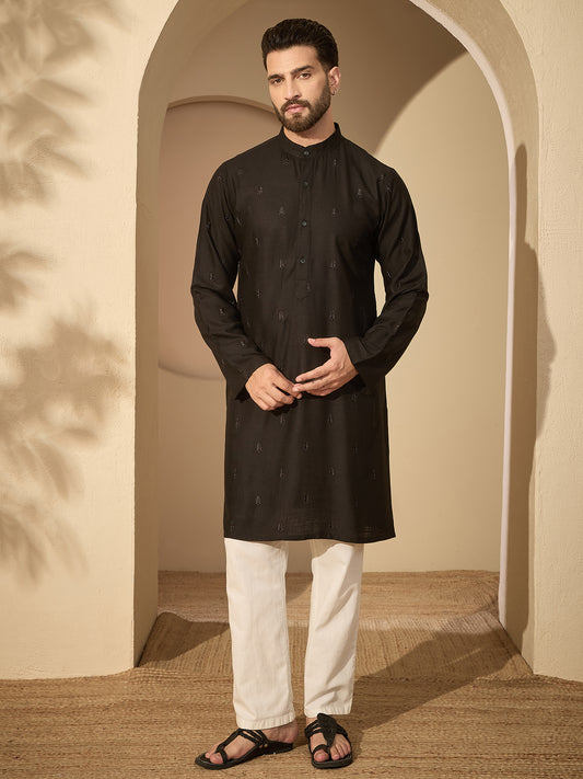 Embroidered Cotton Linen Kurta Pyjama Set for Men
