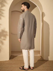 Embroidered Cotton Grey Kurta with White Pyjama Set