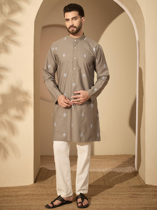 Embroidered Cotton Grey Kurta with White Pyjama Set