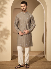 Embroidered Cotton Grey Kurta with White Pyjama Set