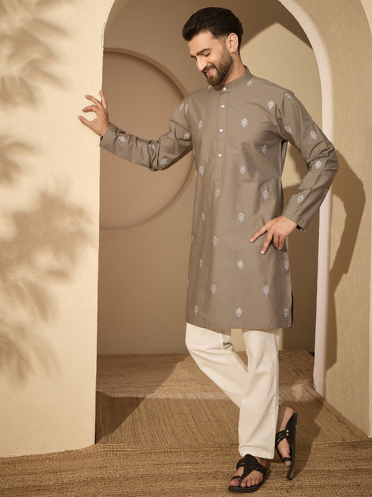 Embroidered Cotton Grey Kurta with White Pyjama Set