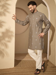 Embroidered Cotton Grey Kurta with White Pyjama Set