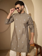 Embroidered Cotton Grey Kurta with White Pyjama Set