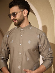 Embroidered Cotton Grey Kurta with White Pyjama Set