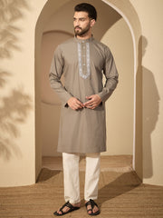 Embroidered Cotton Grey Kurta with White Pajama Set